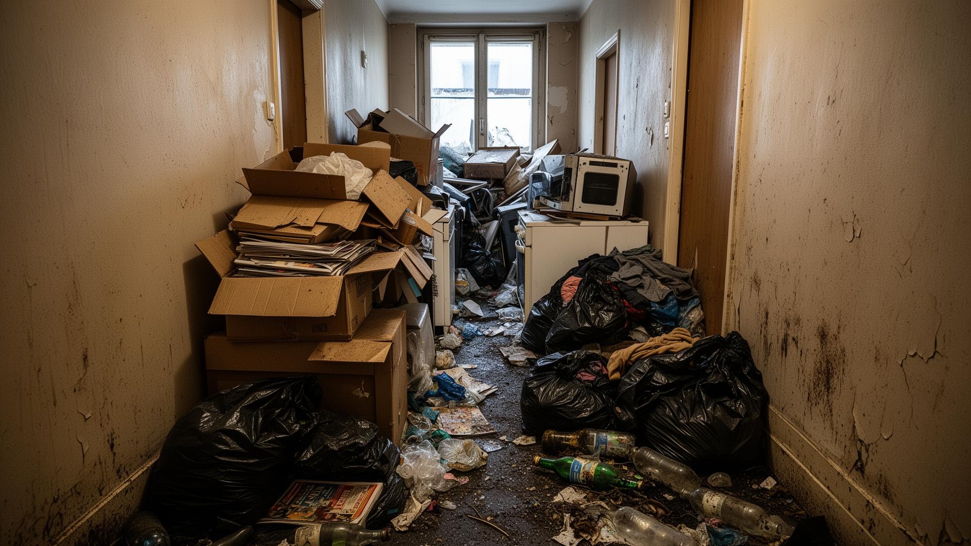Salon d'un logement de particulier touché par le syndrome de Diogène — accumulation de cartons, papiers et sacs avant intervention NHC