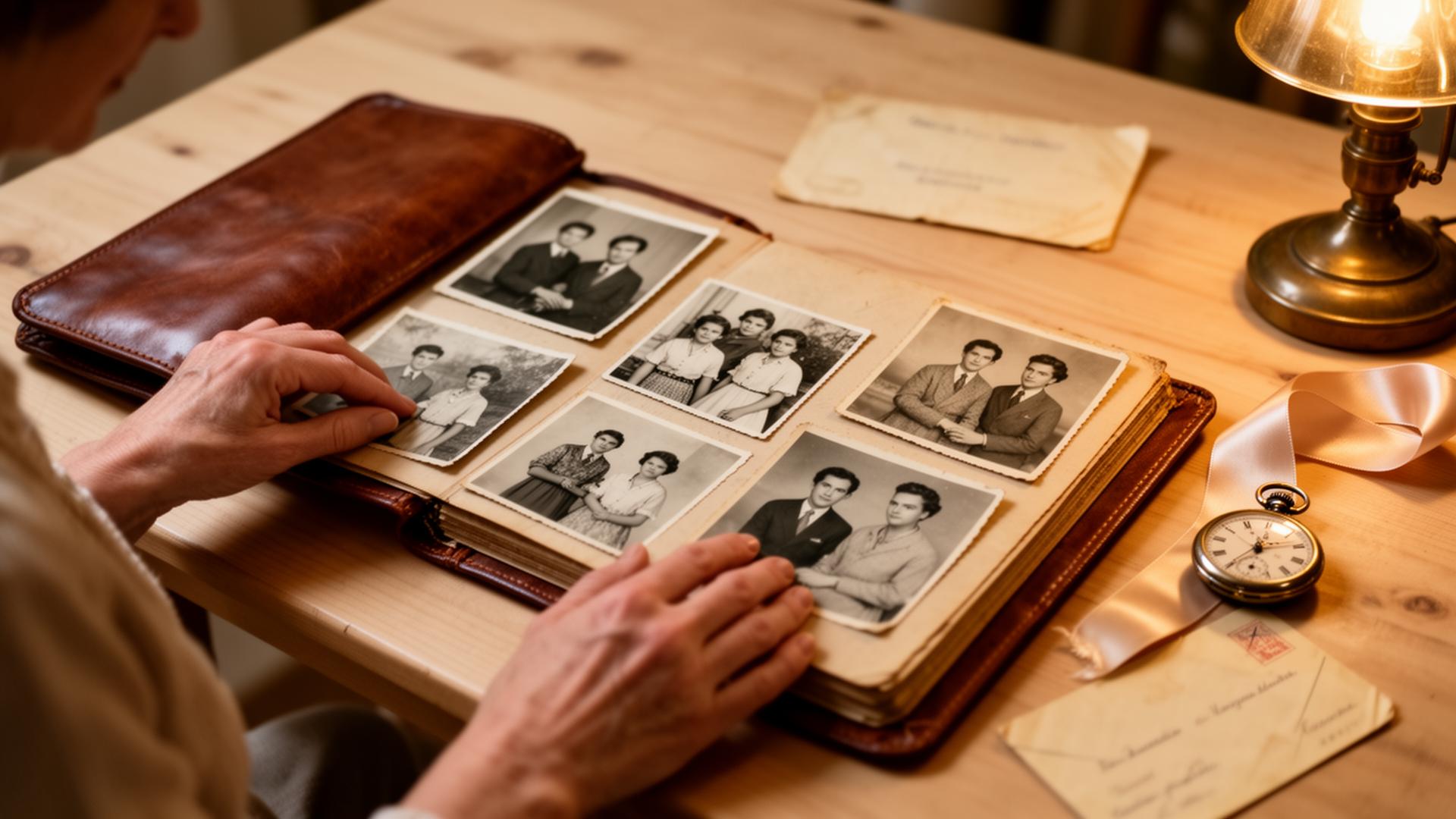 Album photo familial en cuir ouvert sur une table avec photographies anciennes en noir et blanc retrouvées lors d'un nettoyage syndrome de Diogène