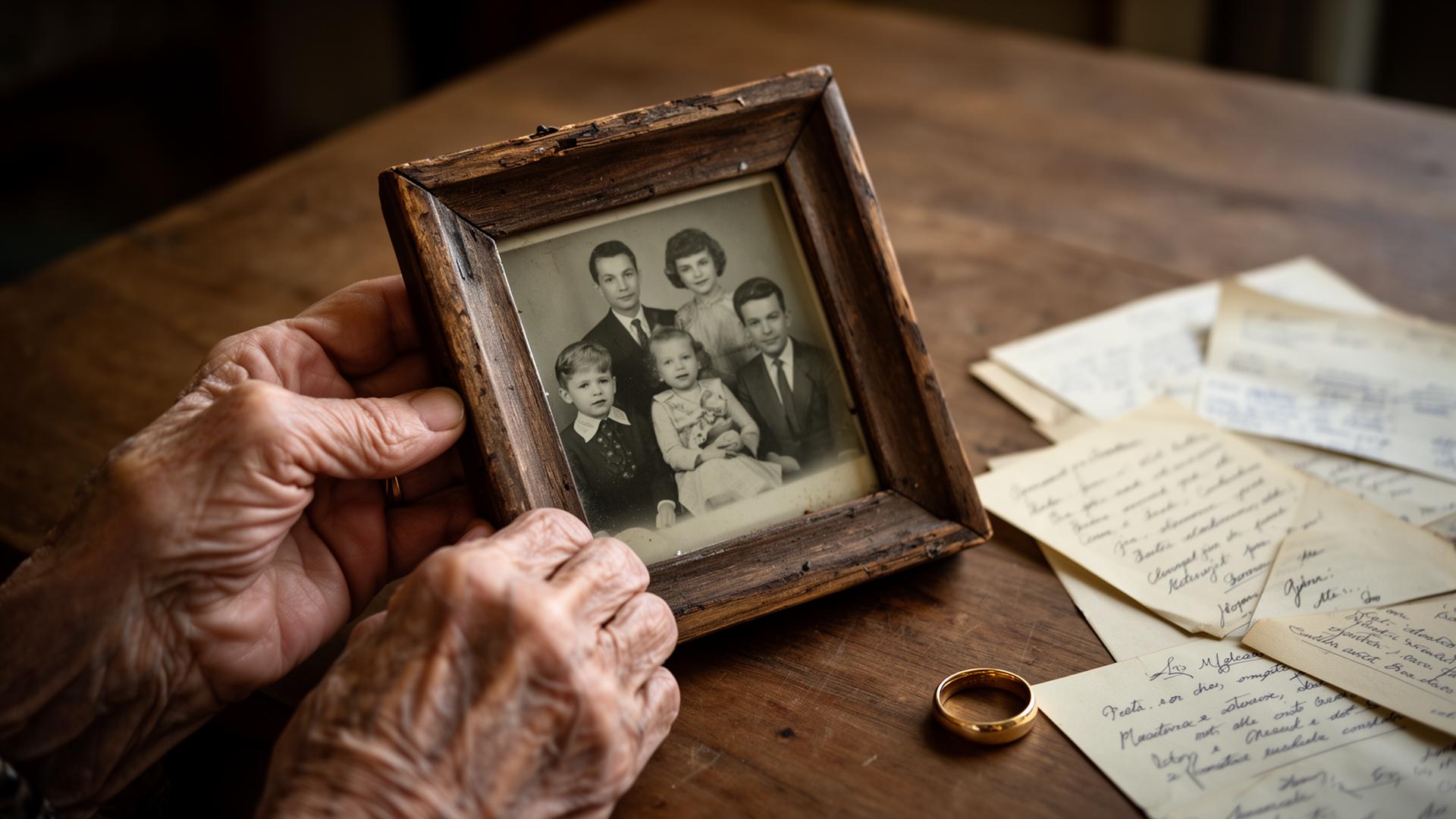 Mains tenant un vieil album photo en cuir contenant des photographies de famille retrouvées lors d'un nettoyage syndrome de Diogène
