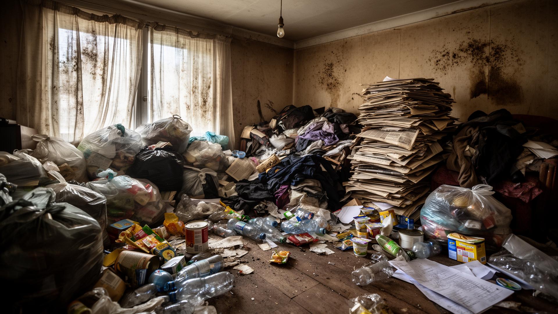 Salon d'un logement de particulier touché par le syndrome de Diogène avec accumulation de papiers et cartons