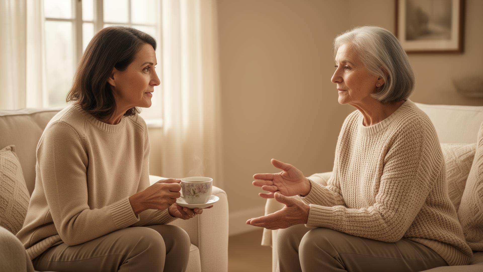 Une fille adulte et sa mère âgée discutent calmement autour d'un thé dans un salon lumineux — dialogue bienveillant pour aborder le syndrome de Diogène