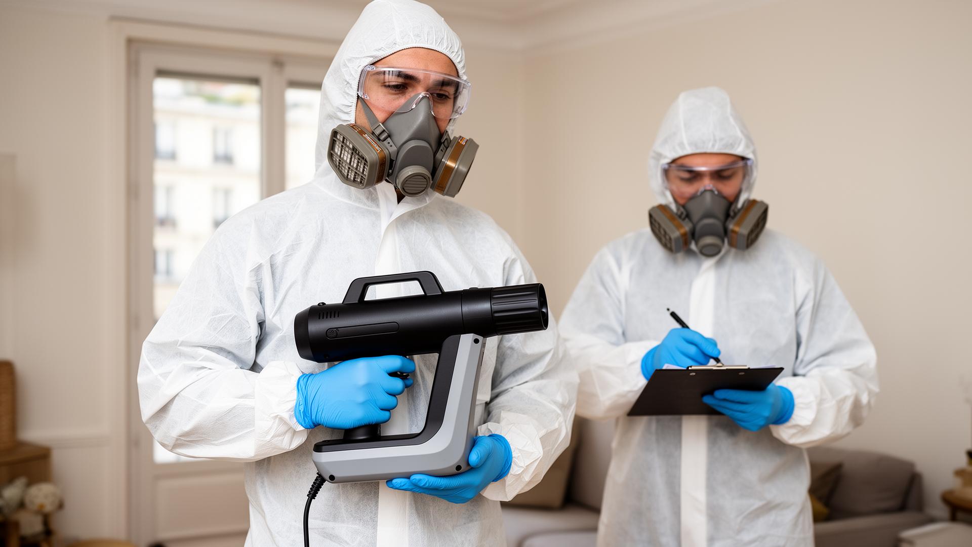 Équipe NHC de trois techniciens en EPI complet — chef de chantier, opérateur DSVA et technicien de surface — appliquant le protocole de désinfection en logement