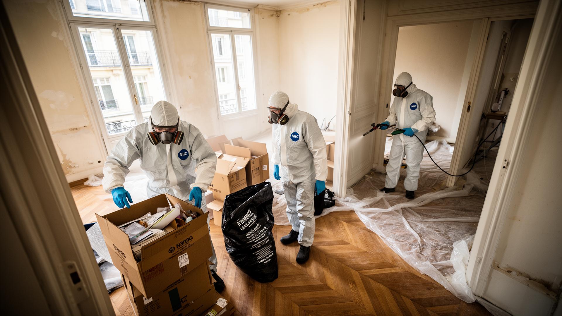 Équipe de techniciens NHC en combinaisons de protection EPI pendant une intervention de nettoyage syndrome de Diogène dans un appartement parisien